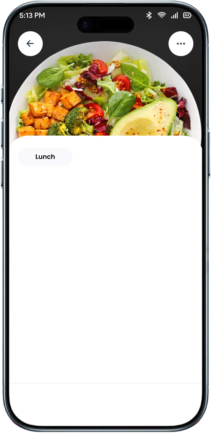 CalMate food detail screen with avocado chickpea salad