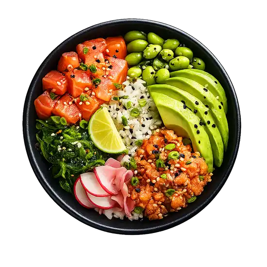 Fresh poke bowl with salmon, avocado, and edamame