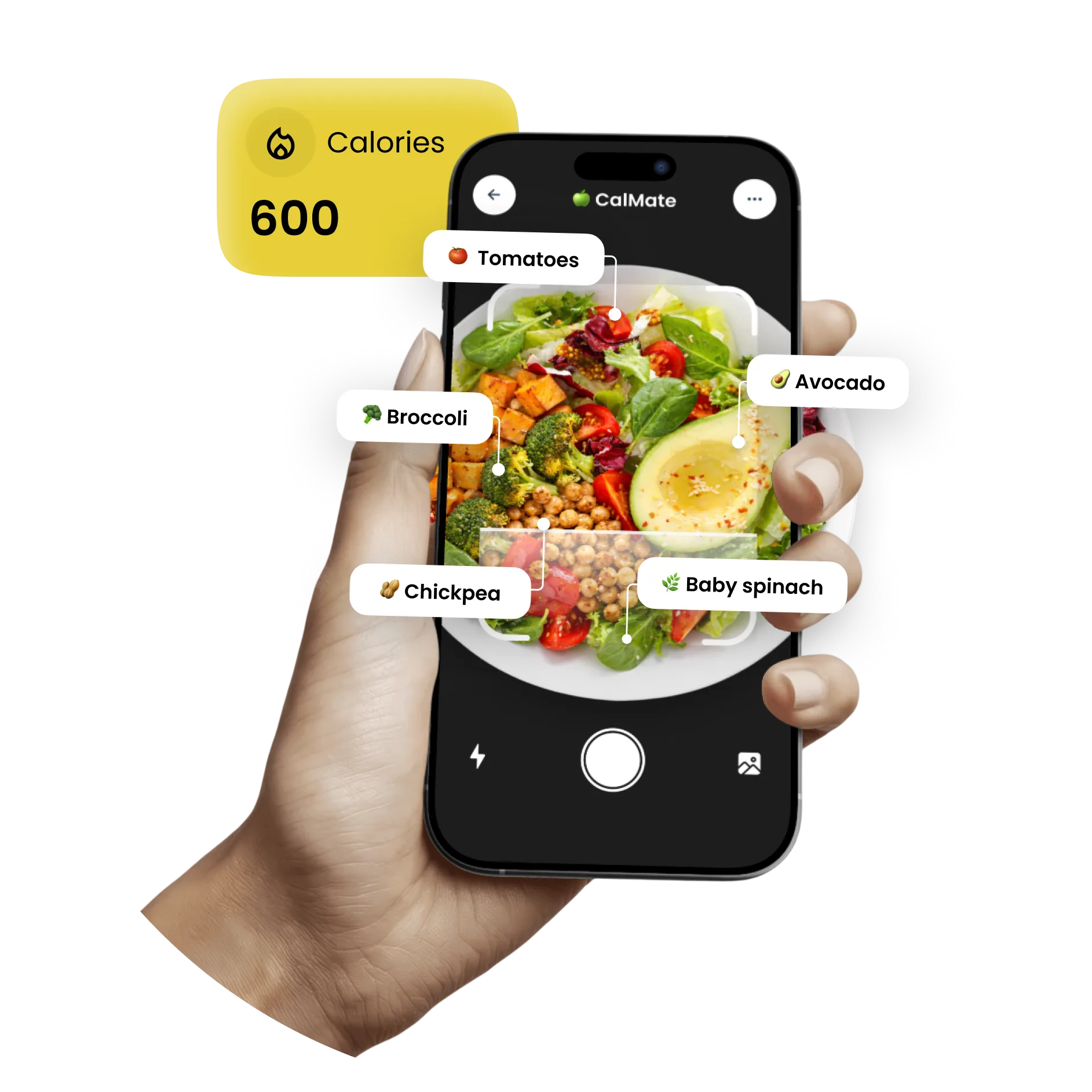 CalMate AI food scanner detecting salad ingredients and calories